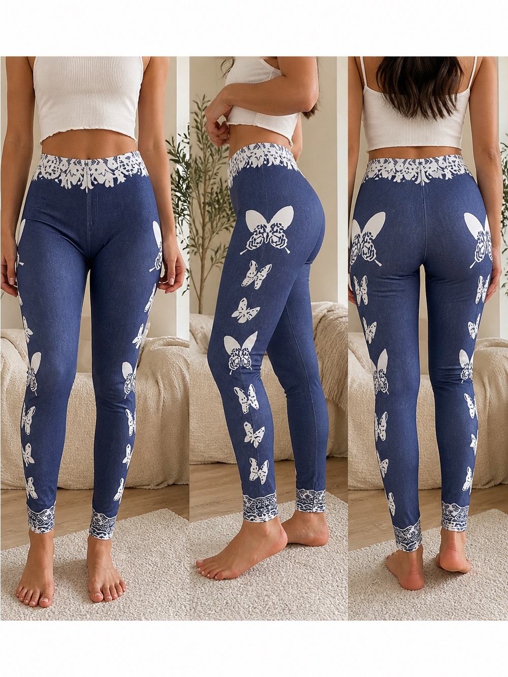 Blue Butterfly Print High-Waist Leggings